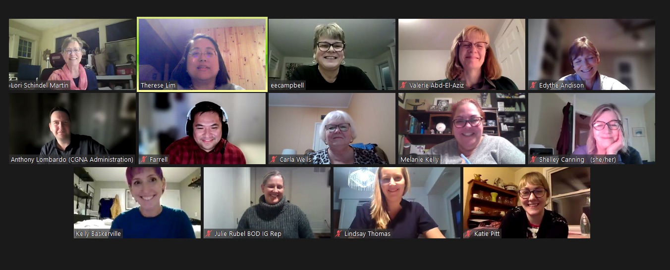 The CGNA Board of Directors are featured in a screenshot of a Zoom meeting gallery at a recent Board meeting.